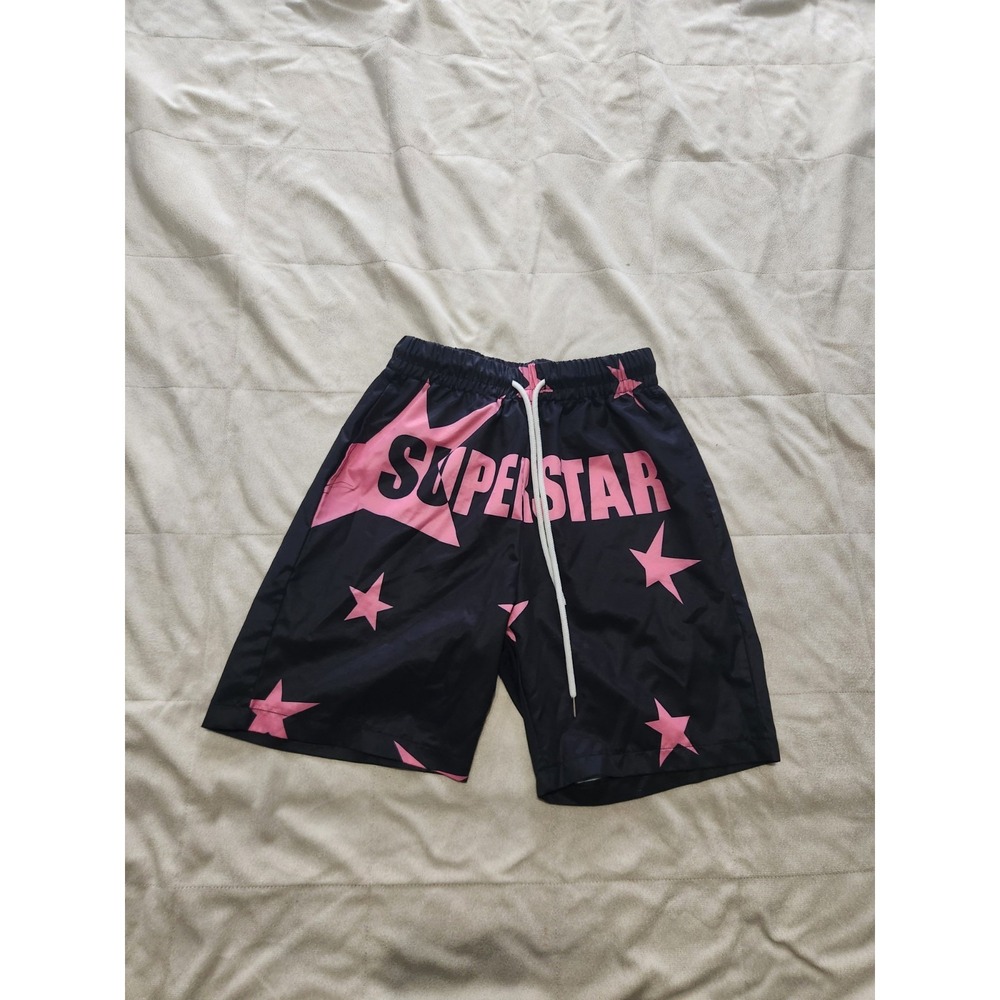 Romwe Mens Swimtrunks or shorts. Black & pink. Superstar. Mens XS 34 NWOT